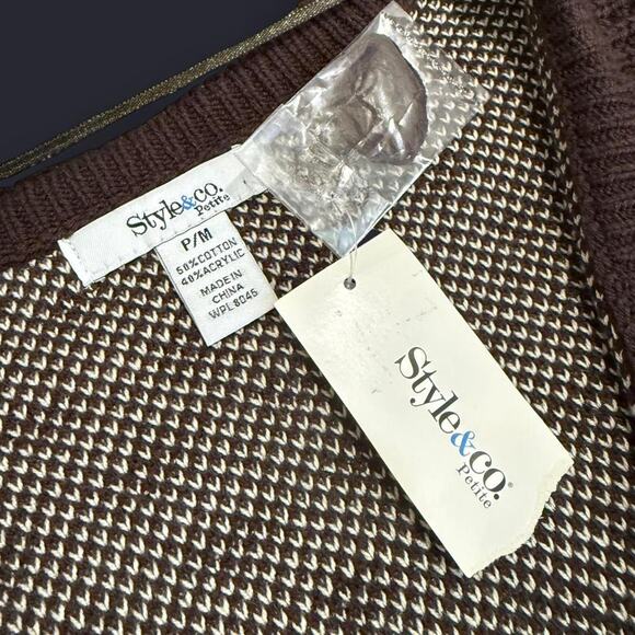 NWT Style & Co Brown & Cream Winter Pattern Crochet Ruffled Bell Sleeve Cardigan - Picture 8 of 8